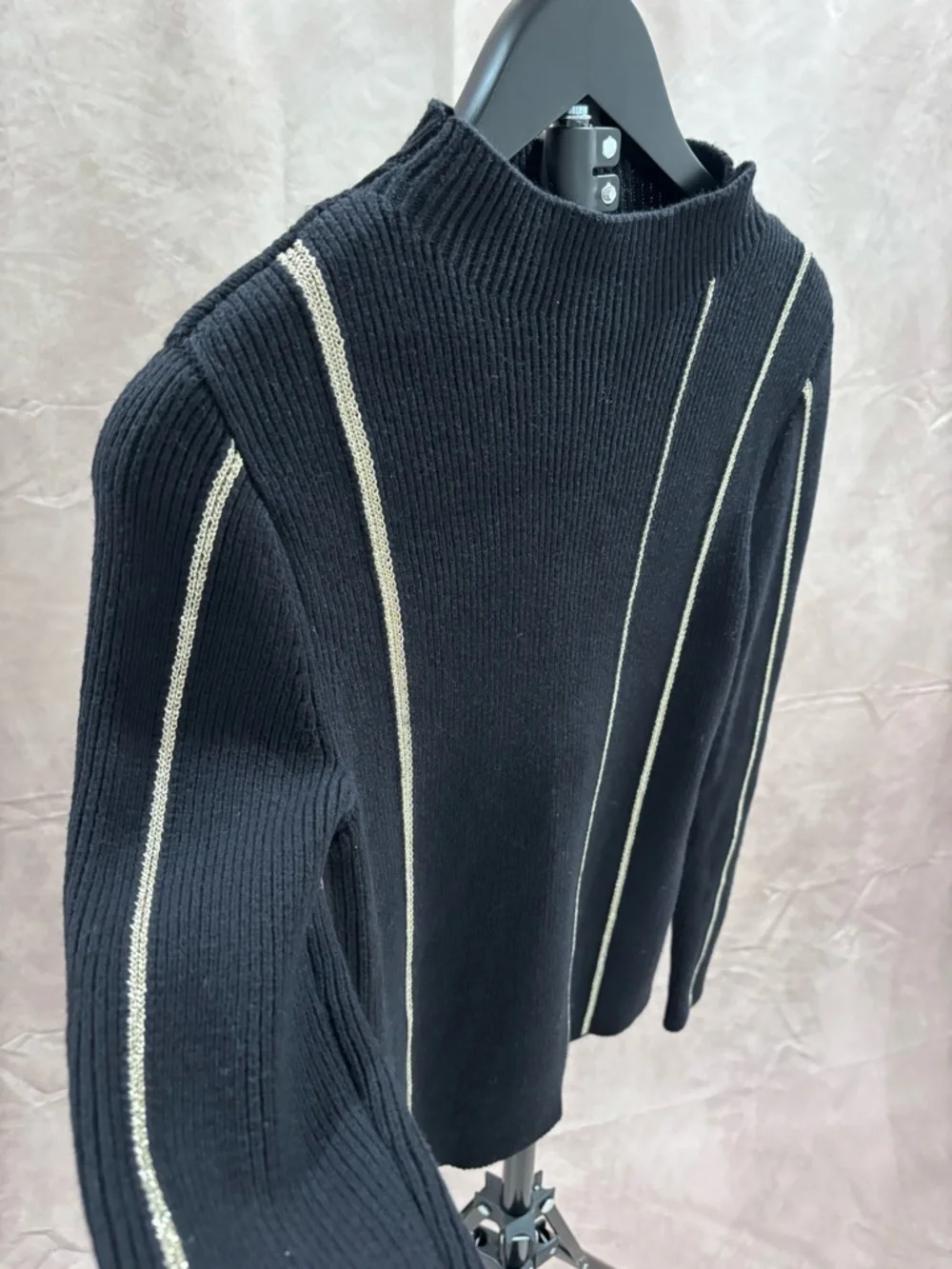 Reiss Black Ribbed Mock Neck Sweater with Silver Contrast Piping